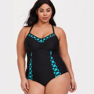 Torrid Black & Teal Lattice Slim Fix One-Piece Swimsuit